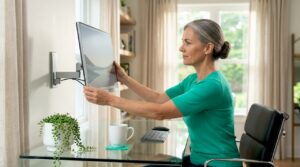 Woman adjusting monitor for better posture