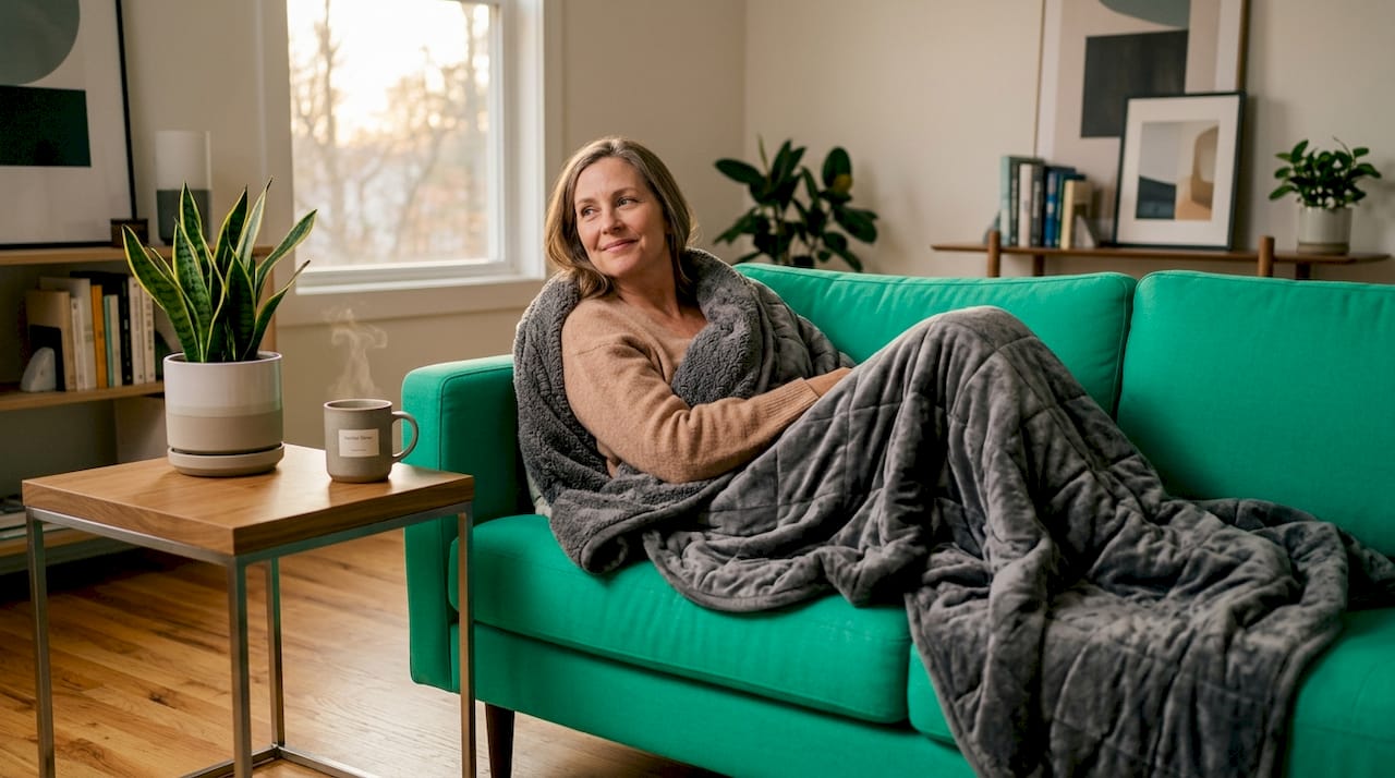 Woman relaxing under weighted blanket in living room