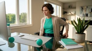 Woman adjusting ergonomic chair at work desk