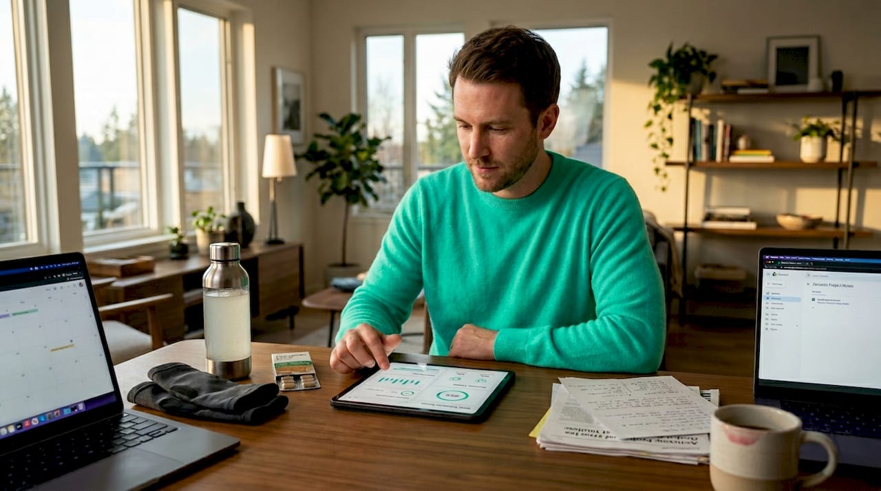 Professional reviewing recovery products at home desk